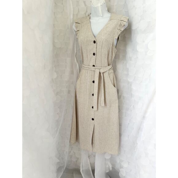 Monteau Los Angeles Linen Blend Small Beige Long button front Dress Cap Sleeves - Picture 4 of 10